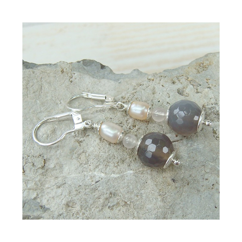 Boucles d'oreilles agate, quartz rose et biwa