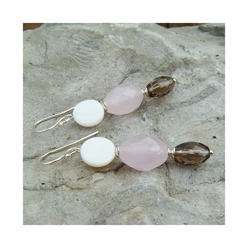 Boucles d'oreilles quartz rose, fumé et nacre