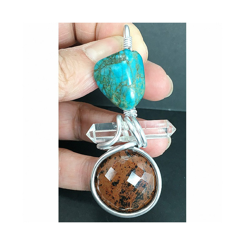 Pendentif énergétique turquoise, cristal de roche et obsidienne mahogany
