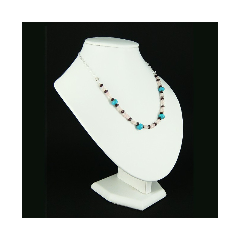 Collier chaîne grenat, quartz rose et turquoise