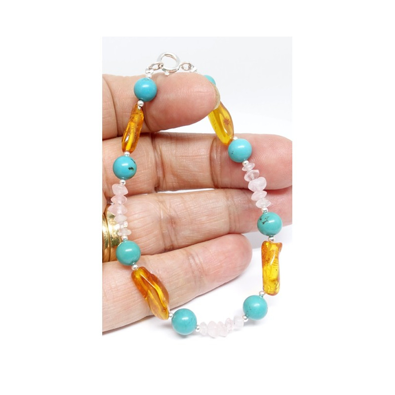 Bracelet turquoise, quartz rose et ambre