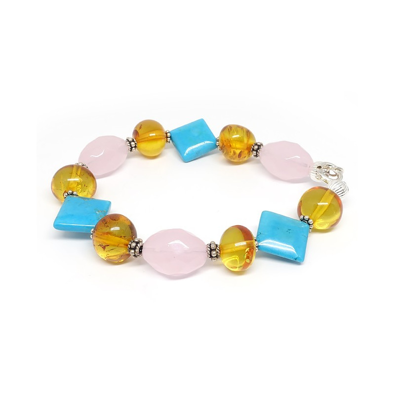 Bracelet groses pierres de turquoise, quartz rose et ambre