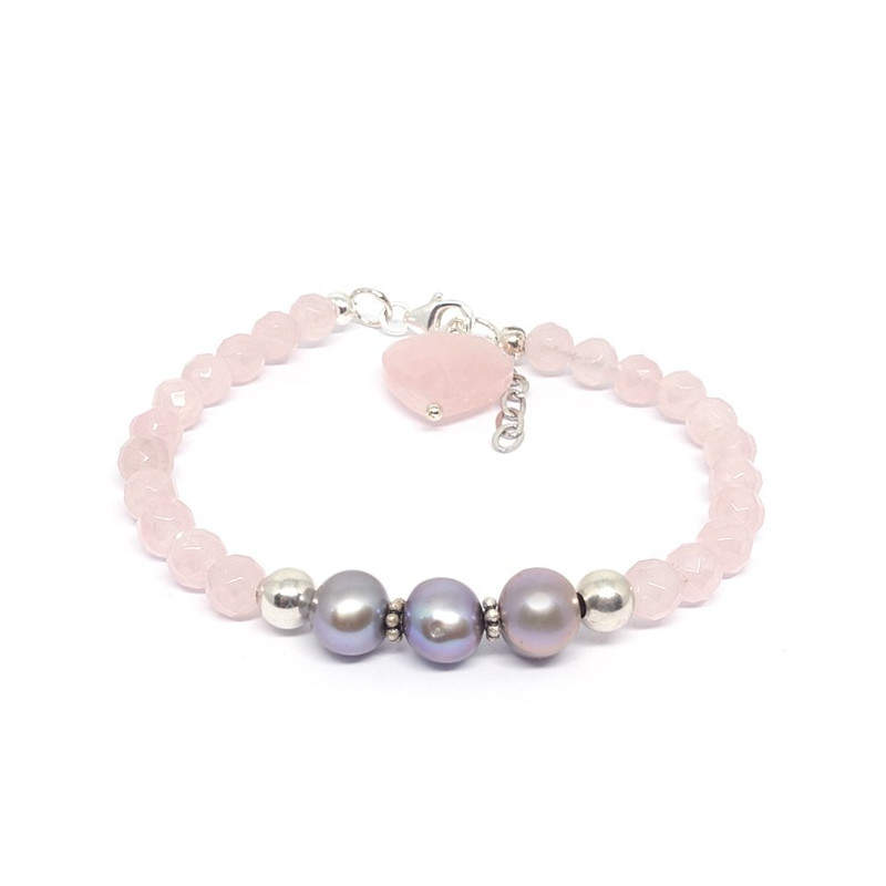 Bracelet  quartz rose et perles d'eau douce avec breloque coeur