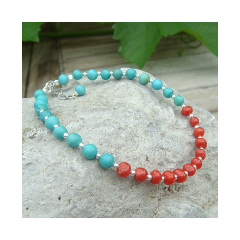 Bracelet corail et turquoise,  petites perles ag925