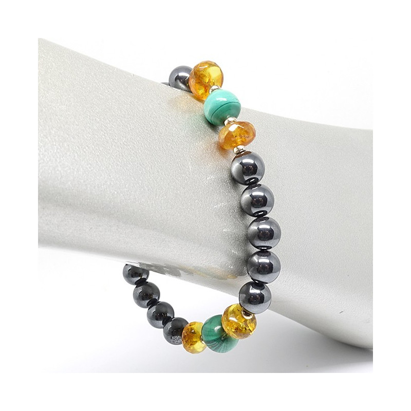 Bracelet hématite, ambre facettée et malachite