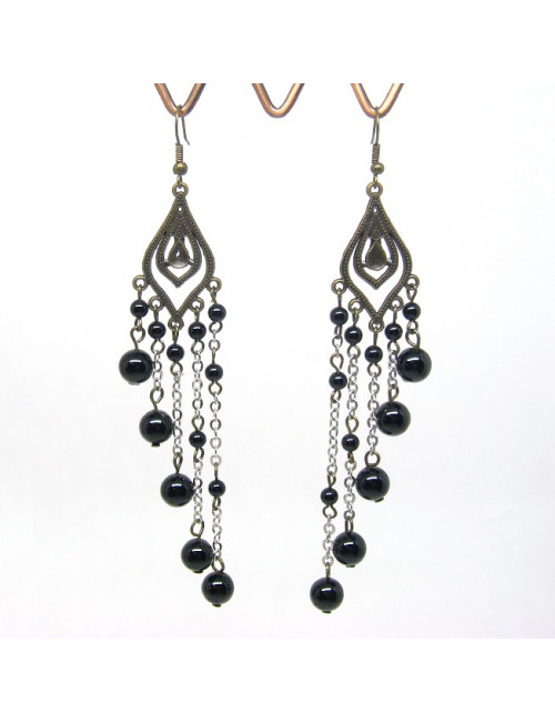 Boucles d'oreilles vintages pendantes en pierre onyx rondes