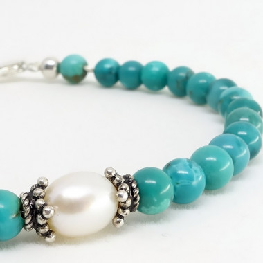 Turquoise et biwa , bracelet perles 5 et 6 mm