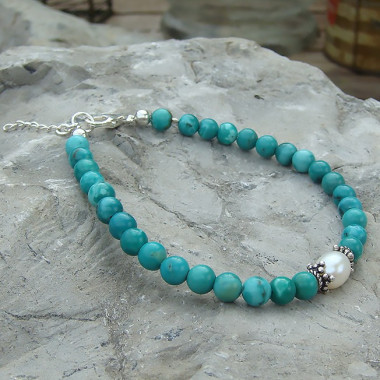 Turquoise et biwa , bracelet perles 5 et 6 mm