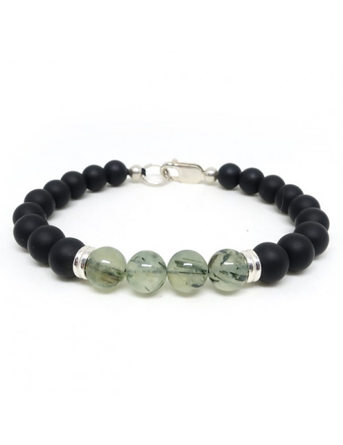 Onyx noir mat et prehnite, Bracelet homme