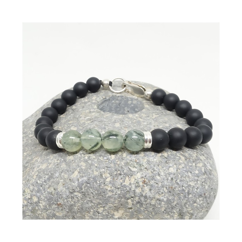 Onyx noir mat et prehnite, Bracelet homme