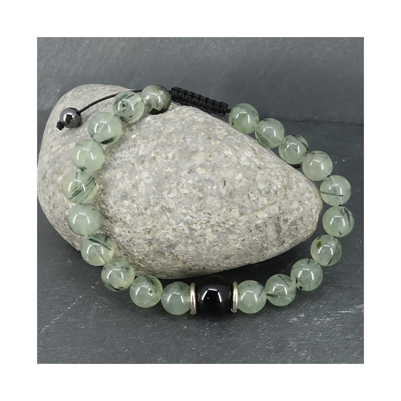 Onyx noir et prehnite, Bracelet homme