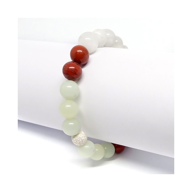 Pierre de lune, jadéite et jaspe rouge, bracelet extensible