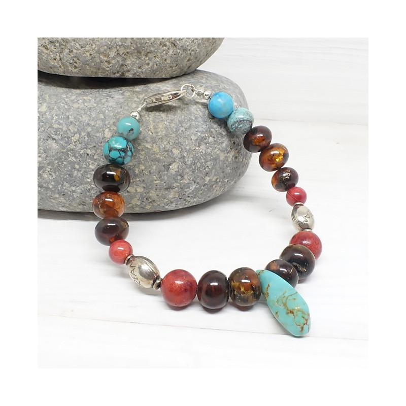 Ambre, turquoise et corail, Bracelet