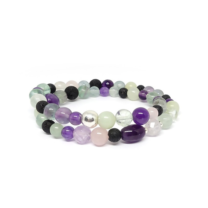 Améthyste, quartz rose, jadéite, lave, fluorite. Bracelet double rang.