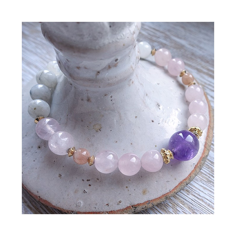 Pierre de lune, quartz rose, Pierre de soleil et amethyste, bracelet élastique