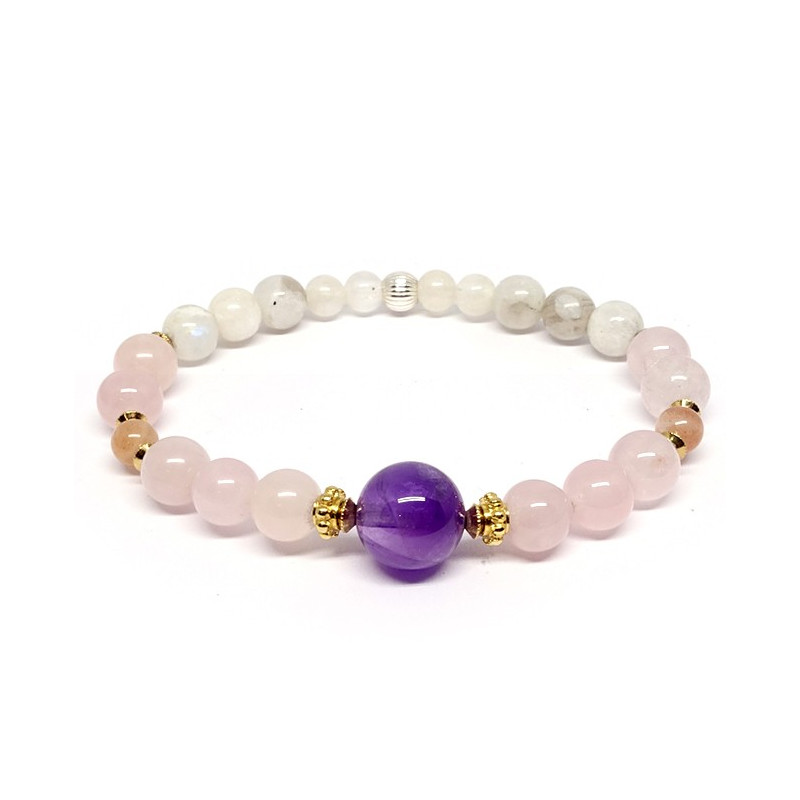 Pierre de lune, quartz rose, Pierre de soleil et amethyste, bracelet élastique
