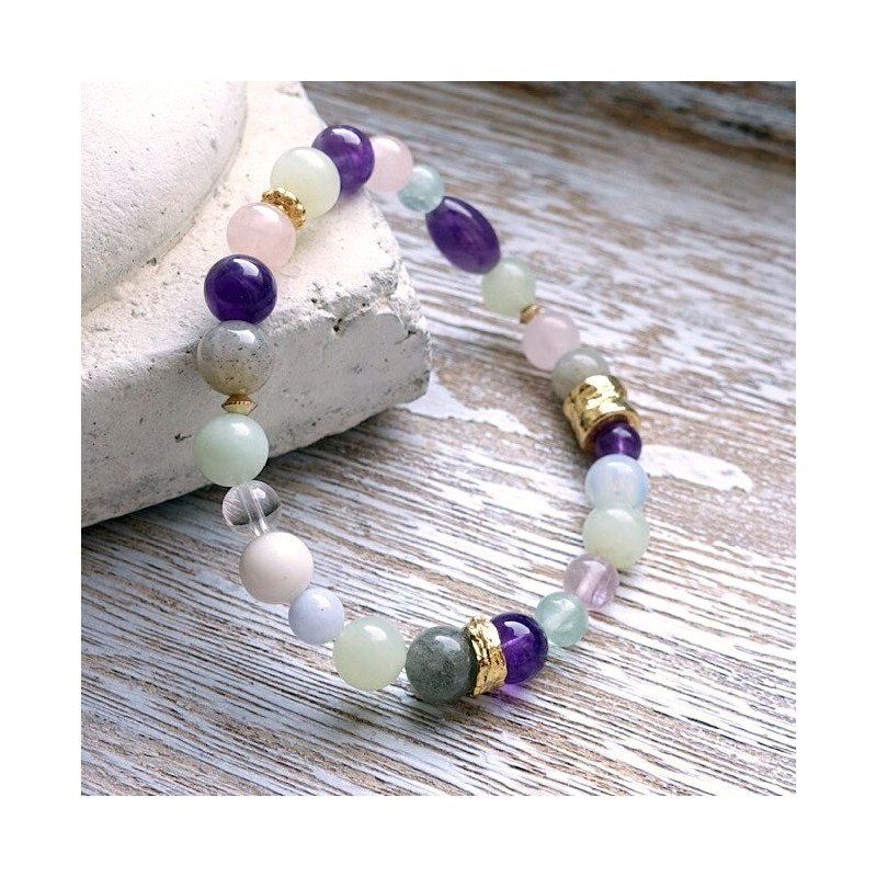 Labradorite, jadéite, améthyste, quartz rose et fluorite, bracelet élastique