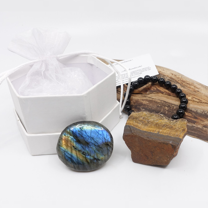 Coffret cadeau de pierres oeil de tigre, labradorite et tourmaline noire