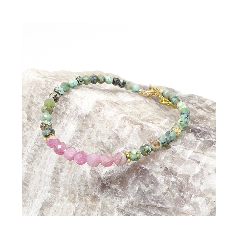 Chrysoprase et tourmaline rose facettées