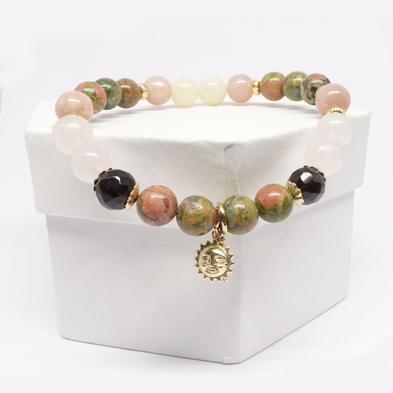 Unakite, quartz fumé, quartz rose et pierre de lune rose. Bracelet de la fertilité