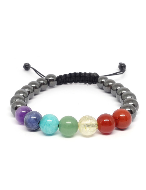 Magnifique bracelet 19/20 cm composé de 21 pierres naturelles qui représentent les 7 chakras avec des pierres d'hématite