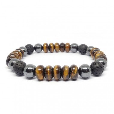 Bracelet bien-être en Pierre de lave, hématite et oeil de tigre.