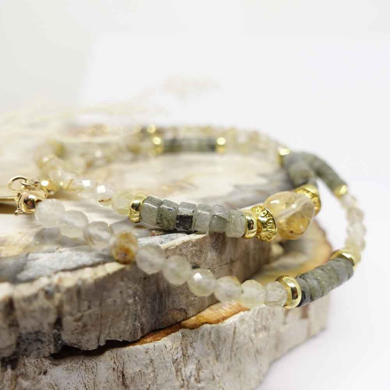 Quartz rutile, labradorite et citrine. Bracelets bien-être.