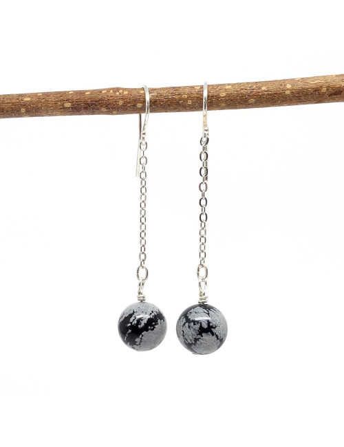 Boucles d'oreilles pendantes en pierre Obsidienne neige