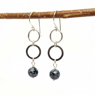 Boucles d'oreilles  en pierre Obsidienne flocon de neige et argent 925