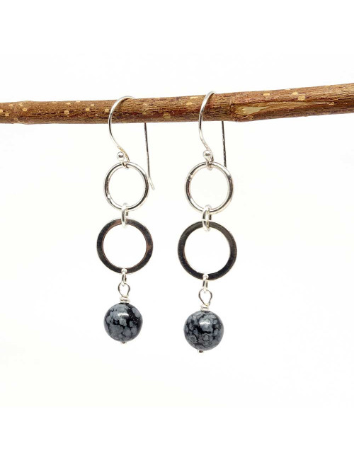 Boucles d'oreilles  en pierre Obsidienne flocon de neige et argent 925