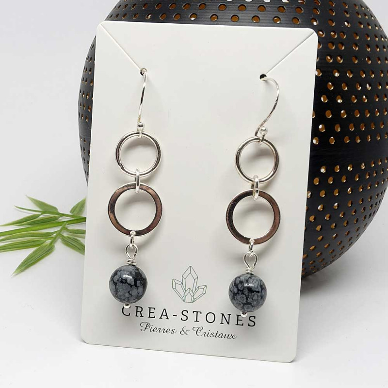 Boucles d'oreilles  en pierre Obsidienne flocon de neige et argent 925