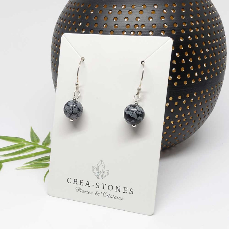 Boucles d'oreilles  en pierre Obsidienne flocon de neige et argent 925