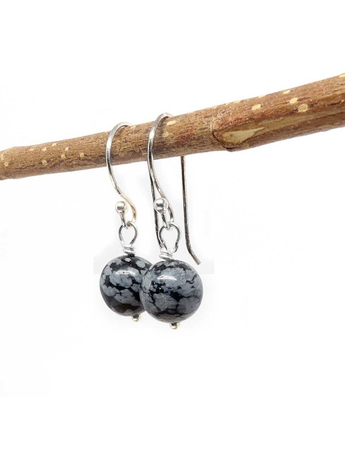 Boucles d'oreilles  en pierre Obsidienne flocon de neige et argent 925