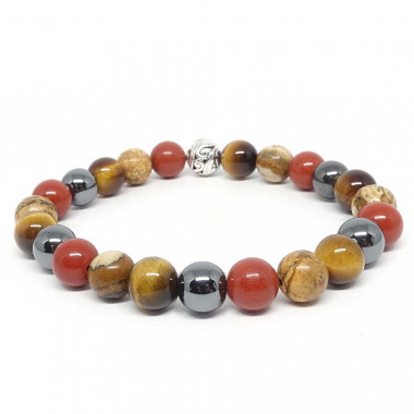 Bracelet bien-être en pierre Jaspe paysage, œil de tigre, jaspe rouge et hématite