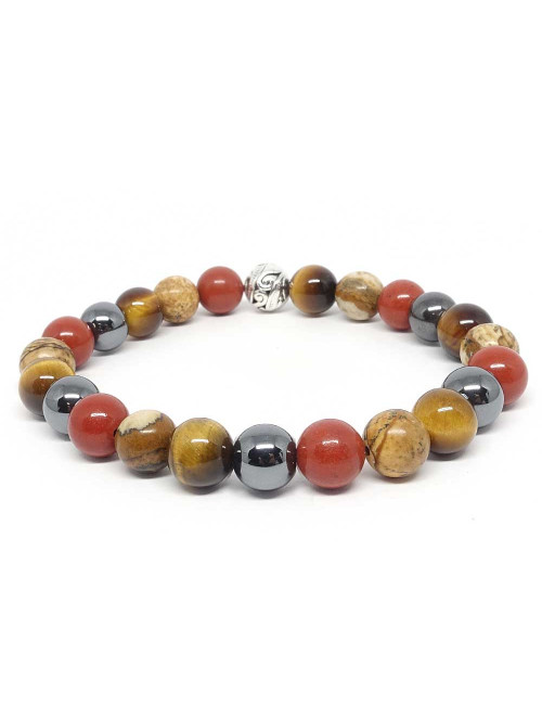 Bracelet bien-être en pierre Jaspe paysage, œil de tigre, jaspe rouge et hématite