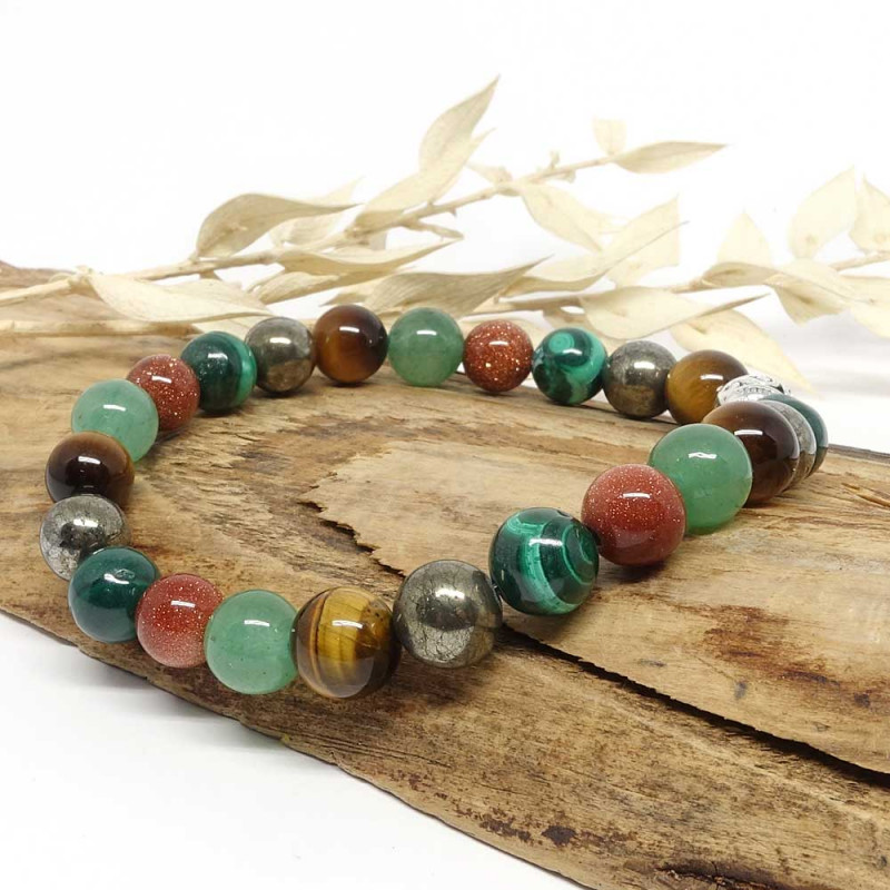 Bracelet bien-être en pierre Oeil de tigre, aventurine, Goldstone, malachite et pyrite