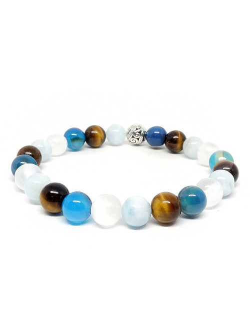 Bracelet bien-être en 
 pierre Aigue-marine, agate bleue, oeil de Tigre et sélénite