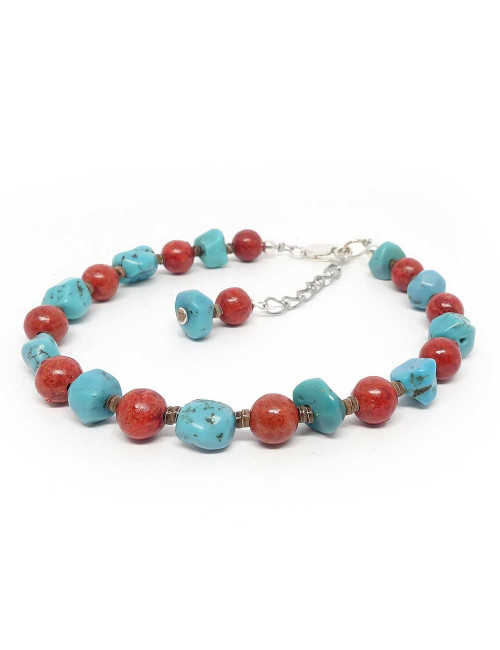 Bracelet création en véritable Corail Gorgone et turquoise