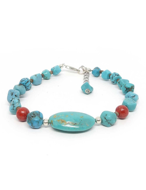 Bracelet création en véritable Corail Gorgone et turquoise